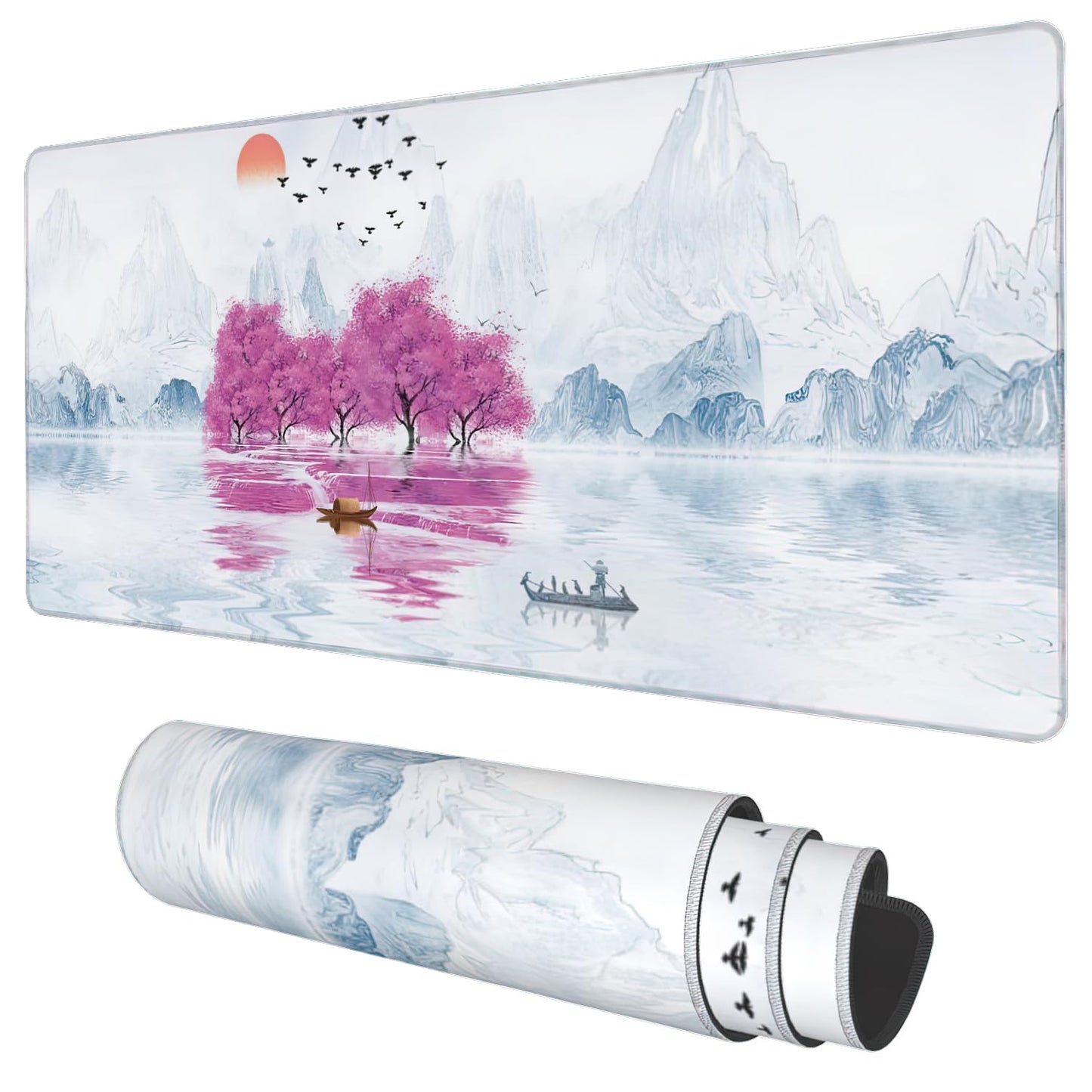 Desk Mat, Cherry Blossom Tree Oil Ink Painting Extended Gaming Mouse Pad Large, 35.4"x15.7" Big