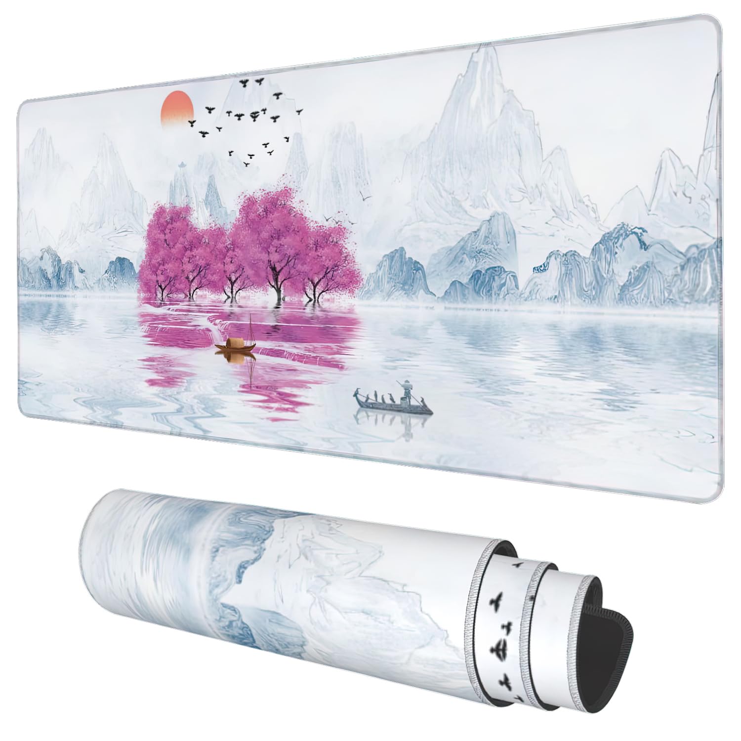 Desk Mat, Cherry Blossom Tree Oil Ink Painting Extended Gaming Mouse Pad Large, 35.4"x15.7" Big