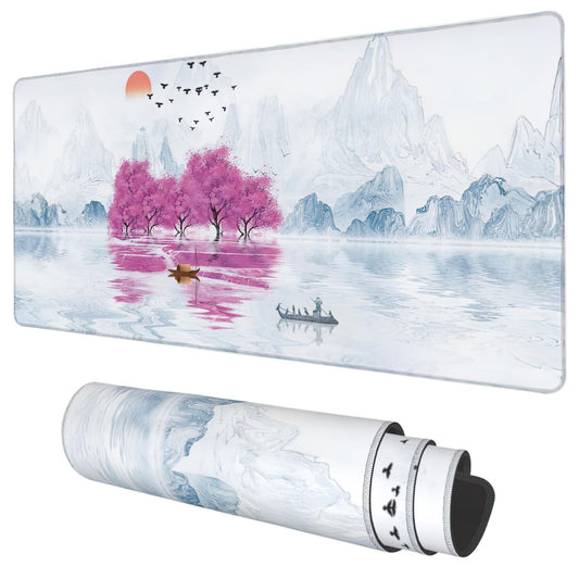 Desk Mat, Cherry Blossom Tree Oil Ink Painting Extended Gaming Mouse Pad Large, 35.4"x15.7" Big