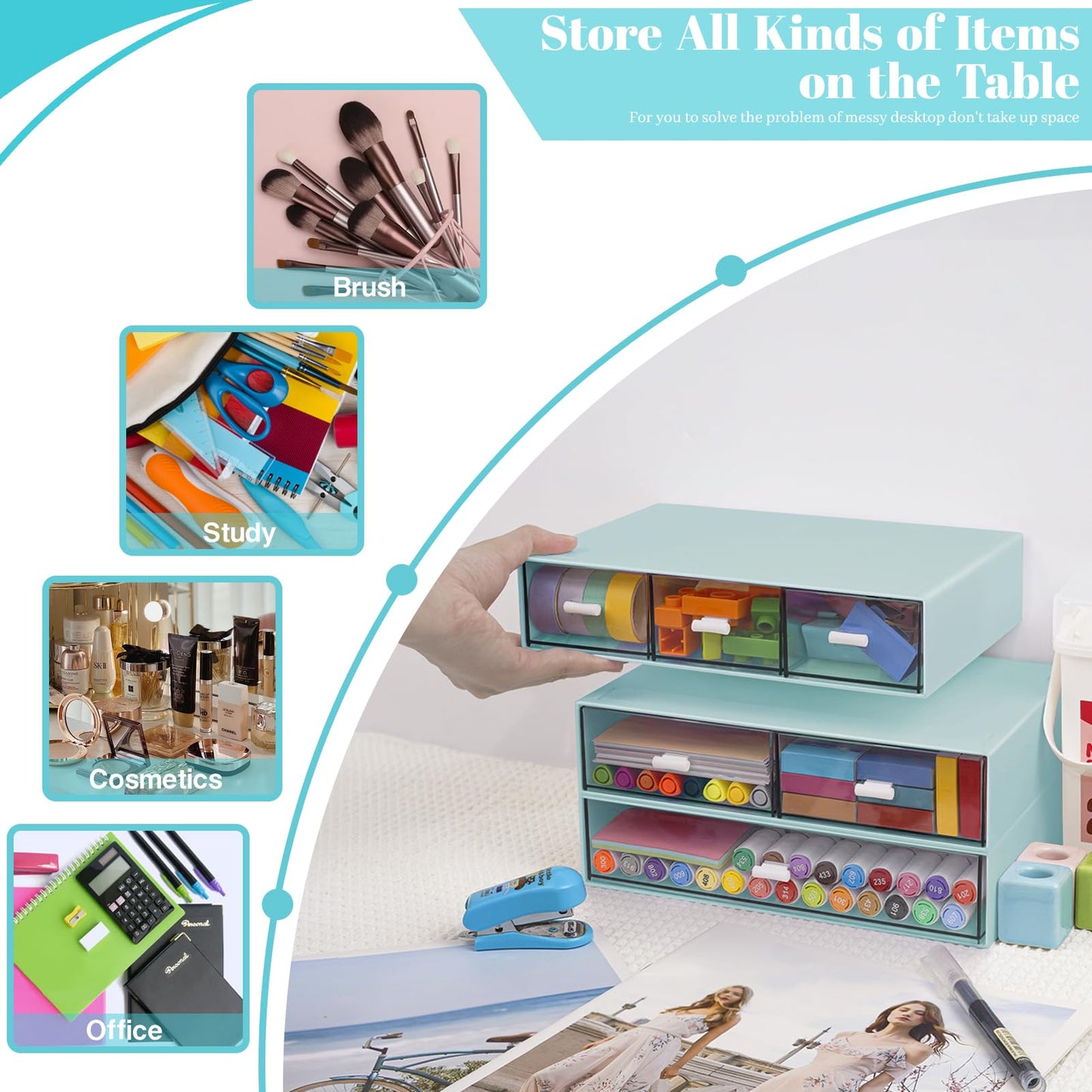 3 Tier Stackable Desk Organizer with 6 Drawers, YOCOMEY Plastic Desktop Storage Box Drawers