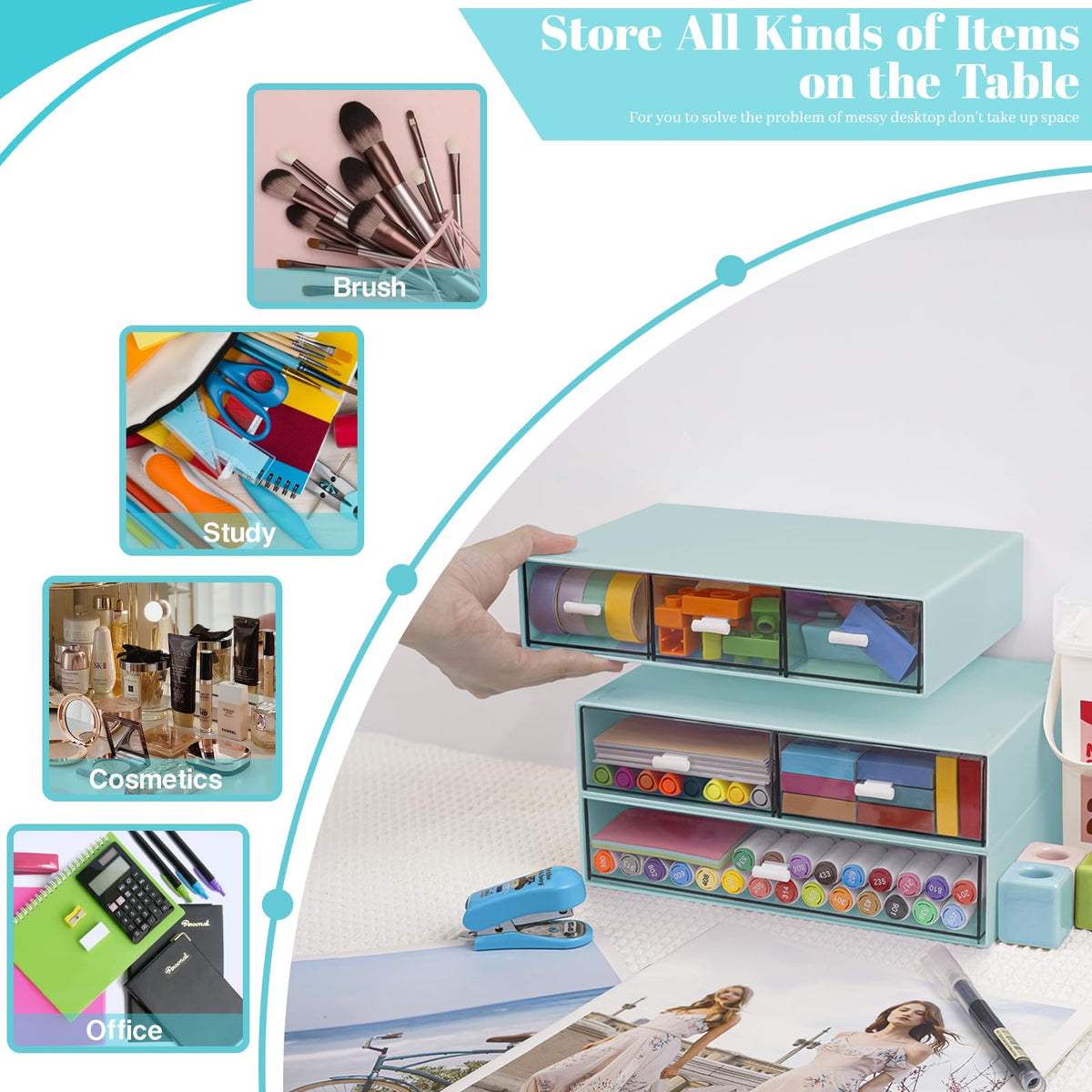 3 Tier Stackable Desk Organizer with 6 Drawers, YOCOMEY Plastic Desktop Storage Box Drawers
