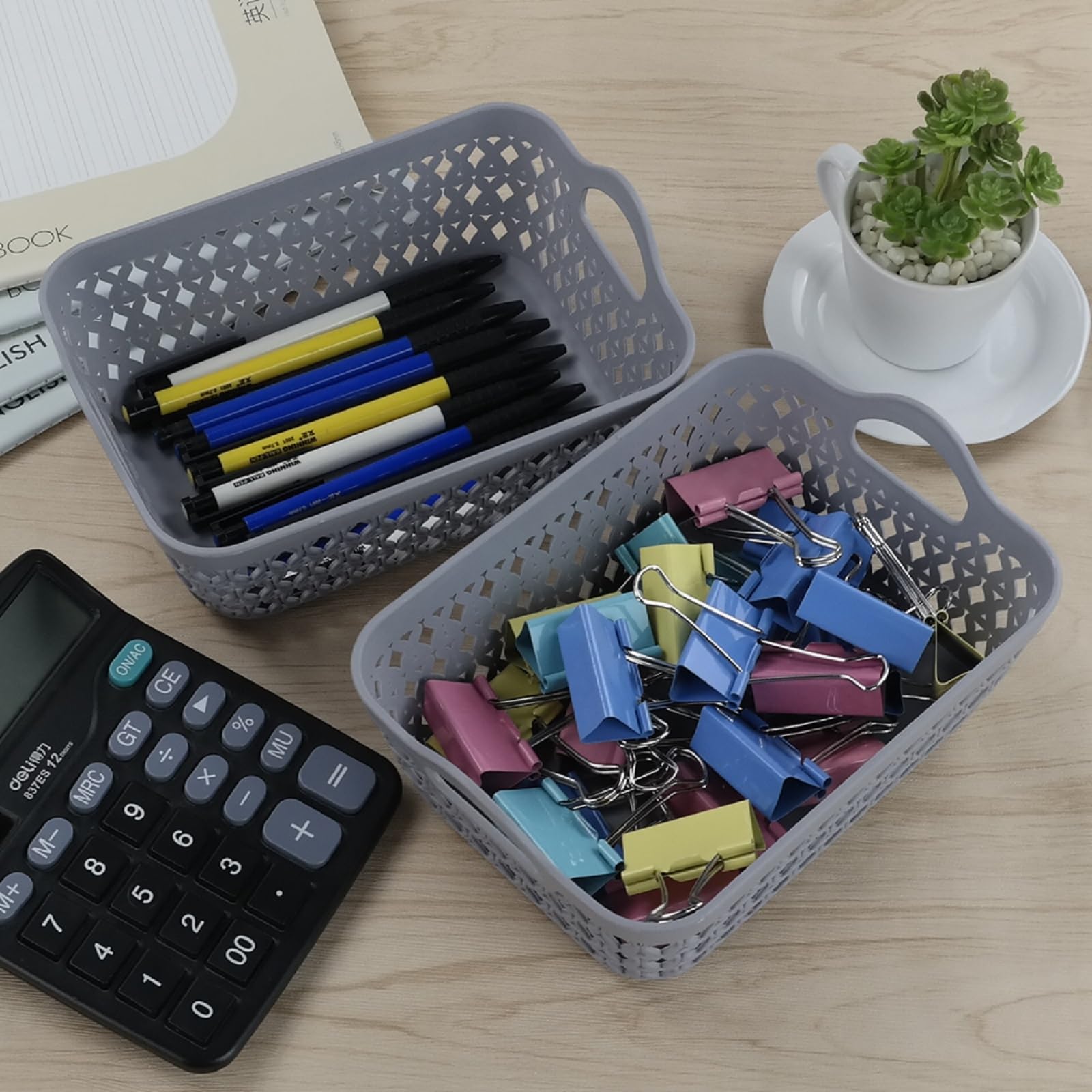 Kekow Gray Mini Plastic Storage Tray Basket with Handle, 12-Pack