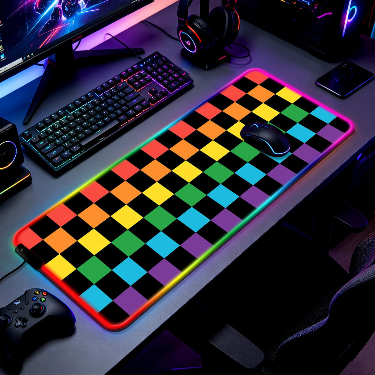JIANG100 RGB Vintage Multicolor Plaid Gaming Desk Mat & Mouse Pad, XL