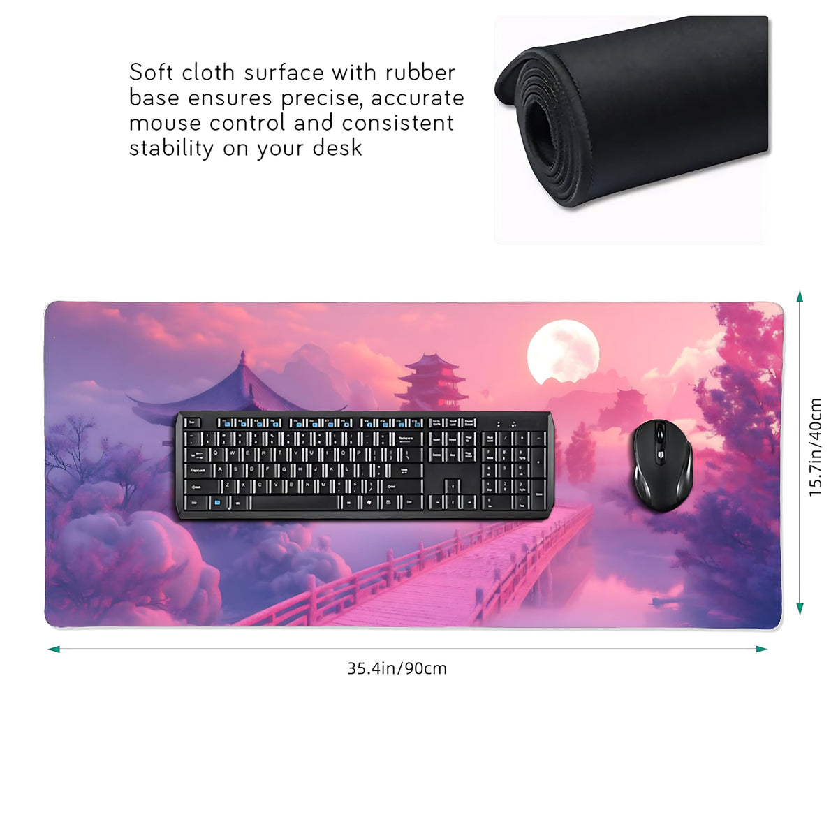 Cute Aesthetic Scenery Gaming Mouse Pad, Pink Japanese Desk Mat with Anti-Slip Base & Stitched