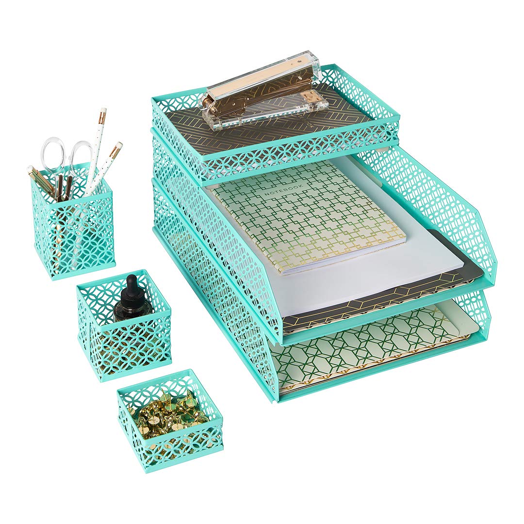 BLU MONACO | Aqua Desk Organizer Set for Women 6 Piece | Mail Sorter Organizer Countertop with