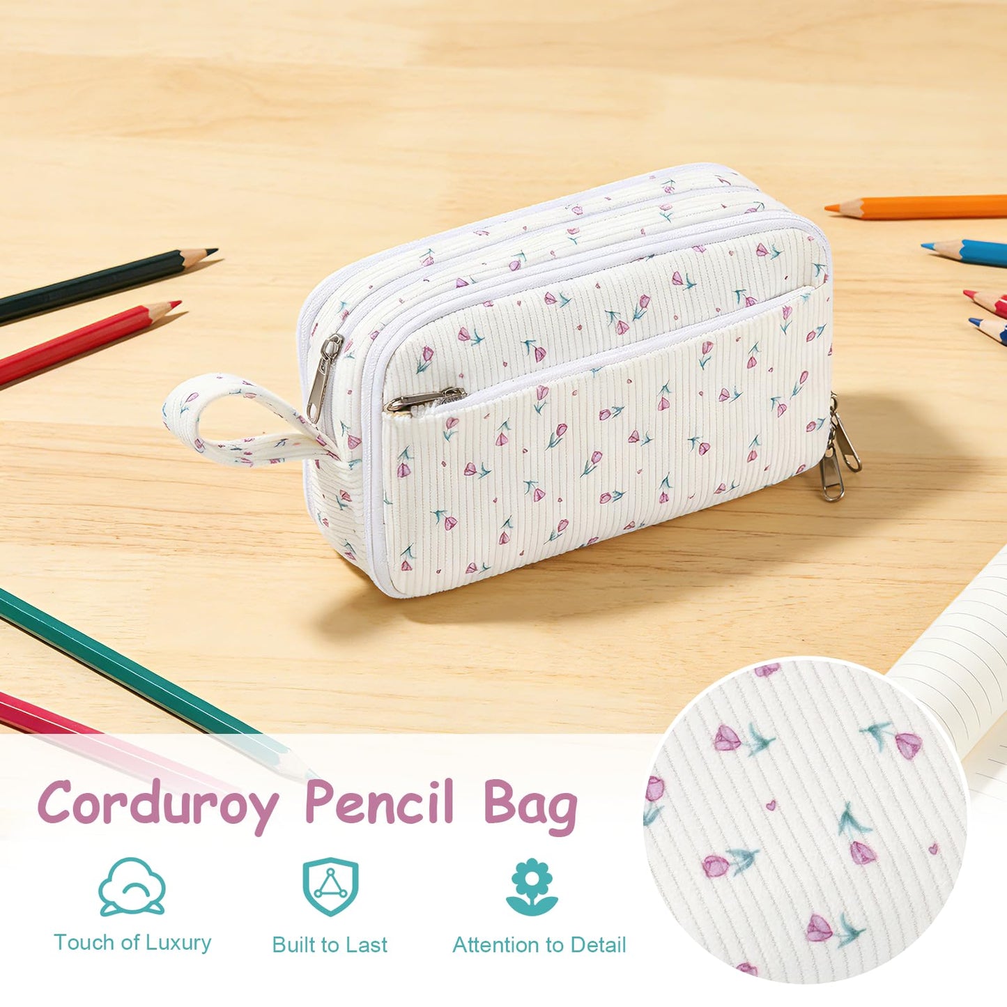 BuyCard Big Capacity Pencil Case, Corduroy Fabric, White with Purple Floral Pattern, Pencil Bag