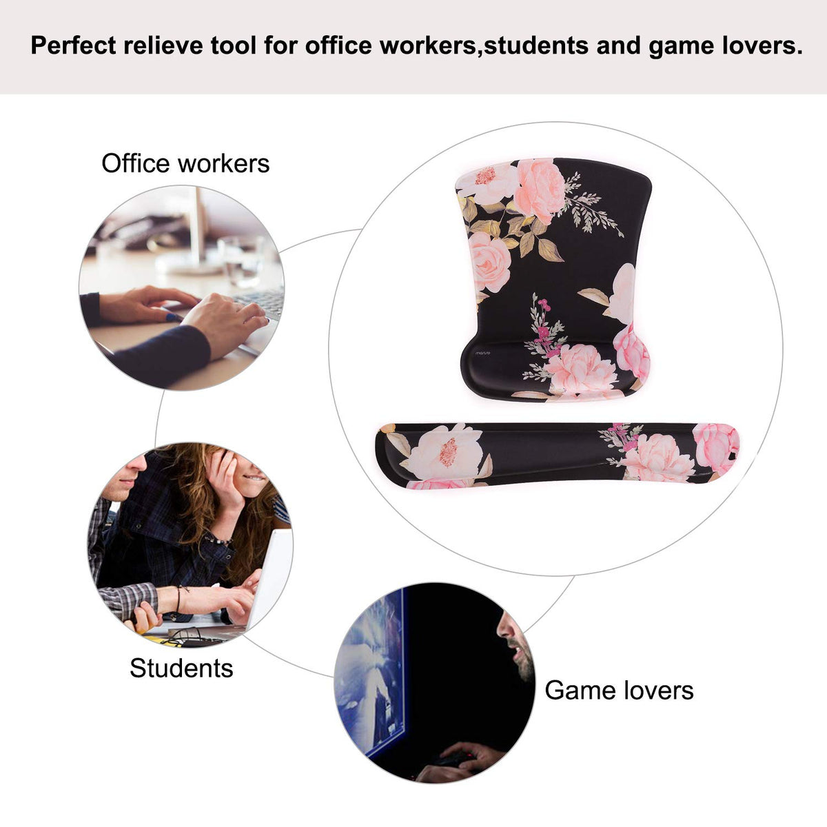 MOSISO Peony Wrist Rest Support for Mouse Pad & Keyboard Set, Black