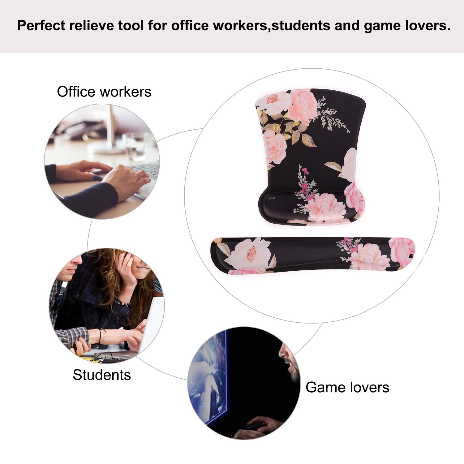 MOSISO Peony Wrist Rest Support for Mouse Pad & Keyboard Set, Black