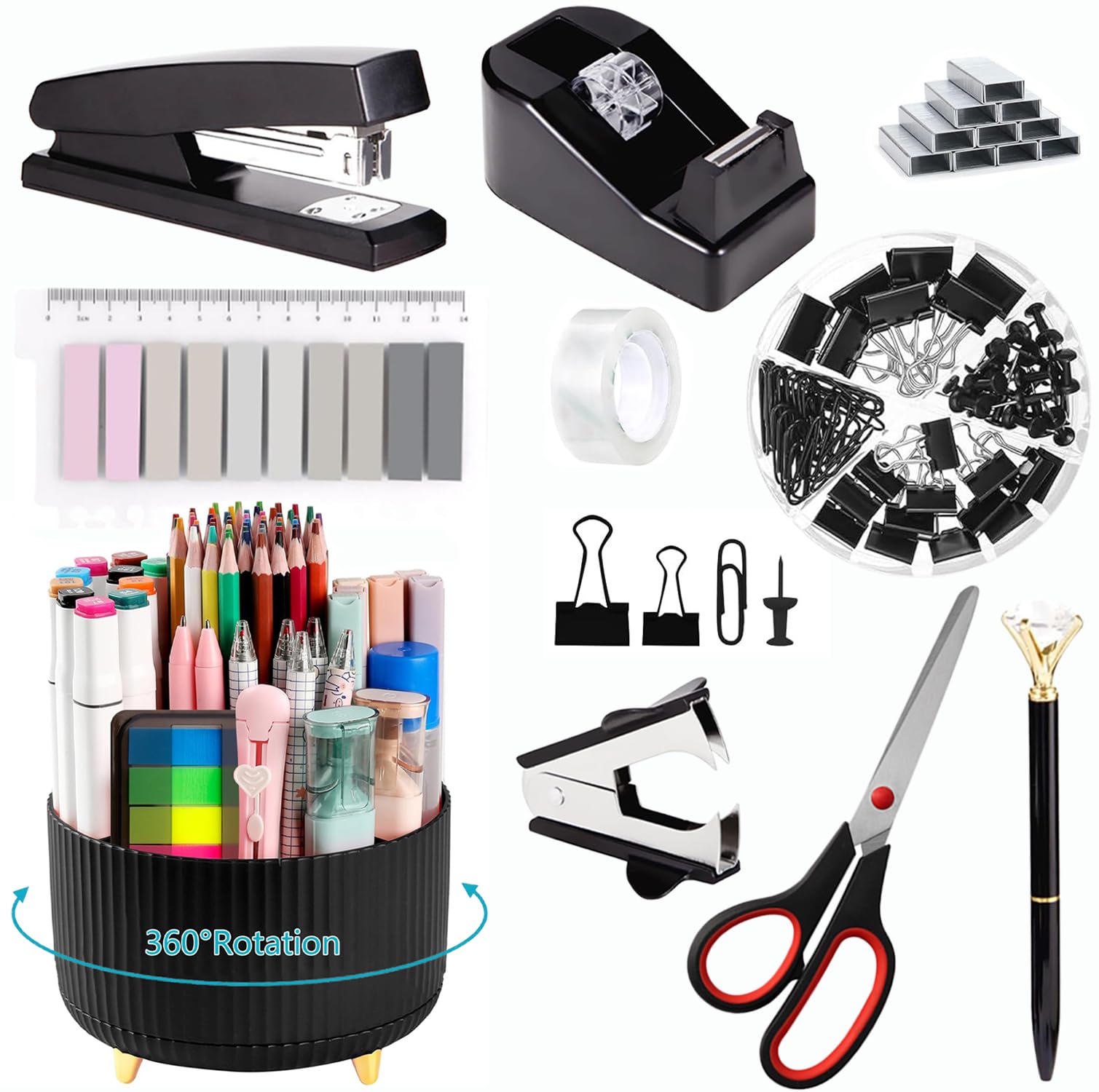 Office Supplies,Black Desk Accessories,Office Supplies Set,Desk Organizer,Stapler,Tape