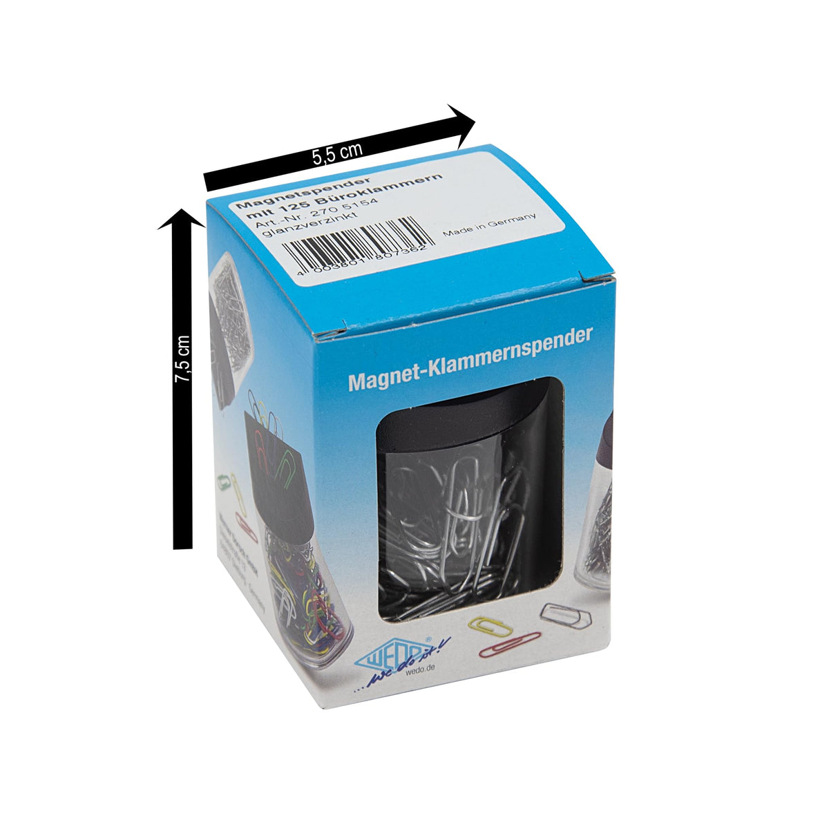 Wedo 2705154 Paper Clip Dispenser with Magnet Round Filled, 125 Paper Clips, Silver/Transparent