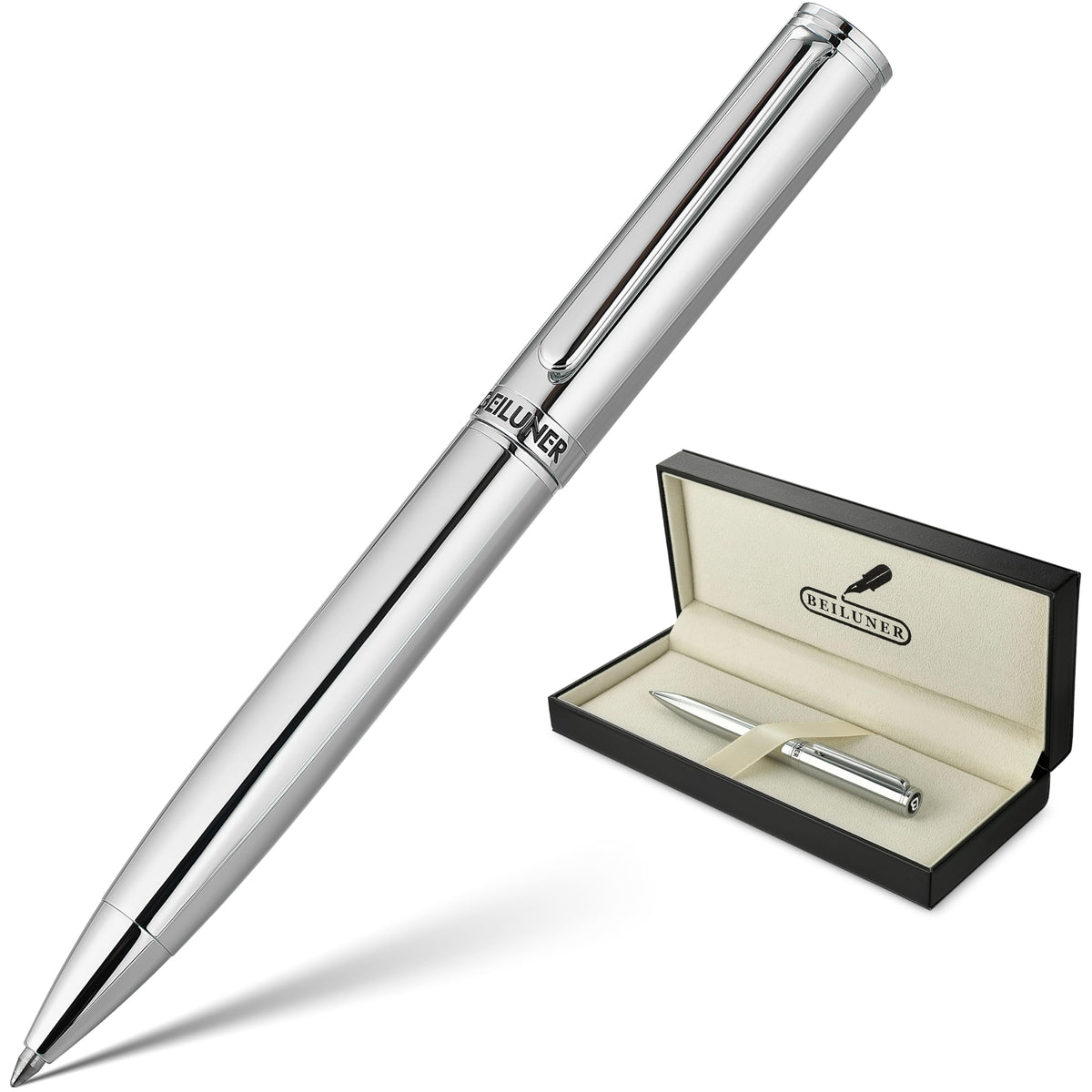 BEILUNER Silver Gel Pen - Luxury Featuring Bright Chrome Finishes, Black Ink Refill, Best Pen Gift