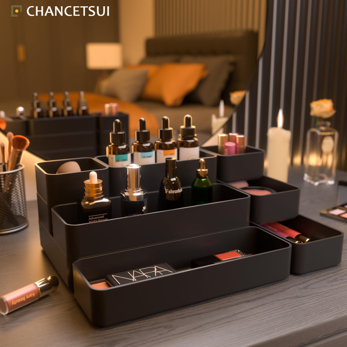 Black Bathroom Drawer Organizer Trays: 9 PC Stackable Desk Organizers Bin