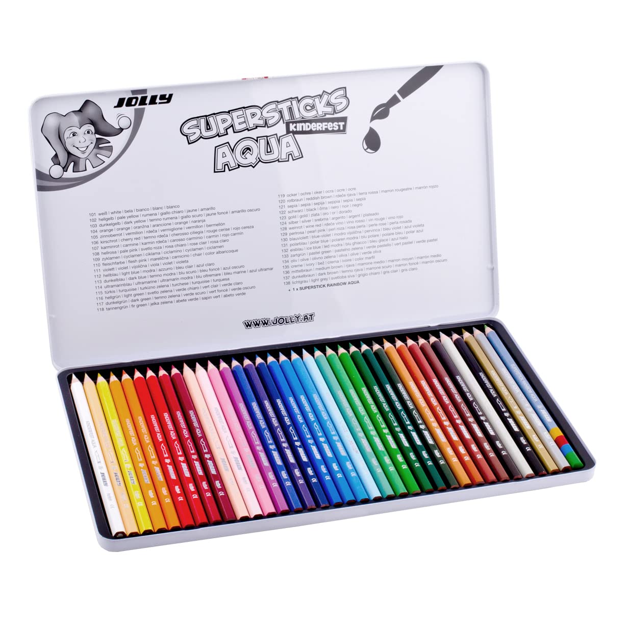Jolly Supersticks Premium European Aqua Watercolor Pencils with Tin Carrying Case; Set of 36