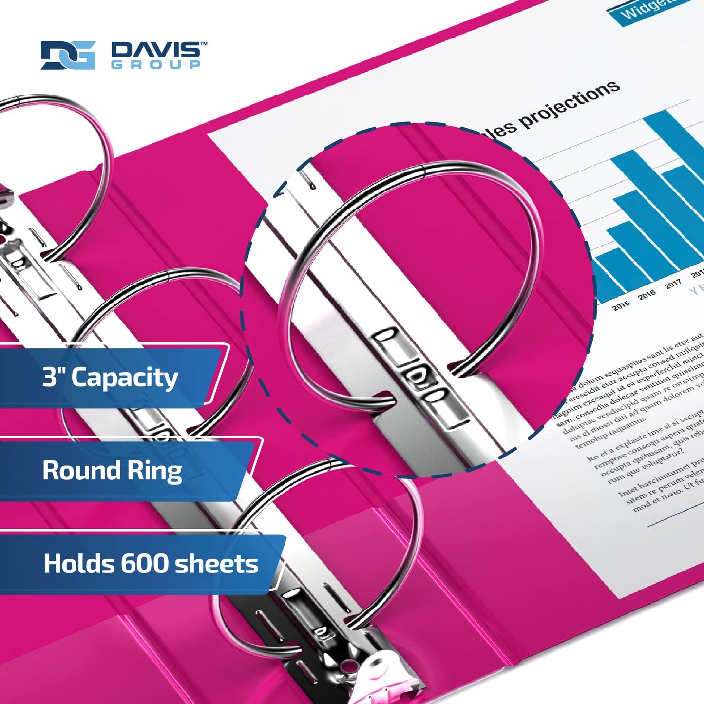 Premium Economy 3-Ring Binder, Spine Label, 3" Round Rings, Pink, 6 Pack