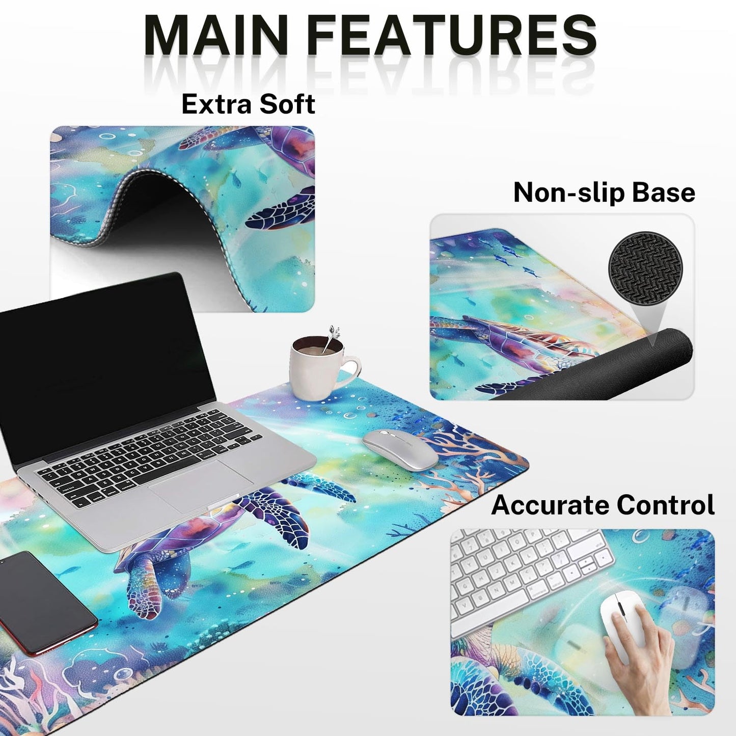 Arttown Keyboard Mouse Pad Set, 4 in 1 Desk Mat Set Sea Turtle