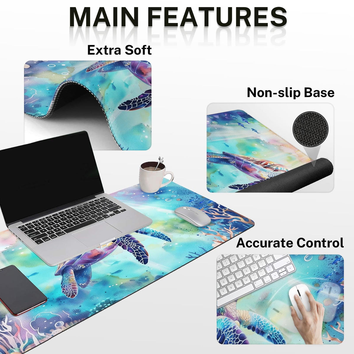 Arttown Keyboard Mouse Pad Set, 4 in 1 Desk Mat Set Sea Turtle