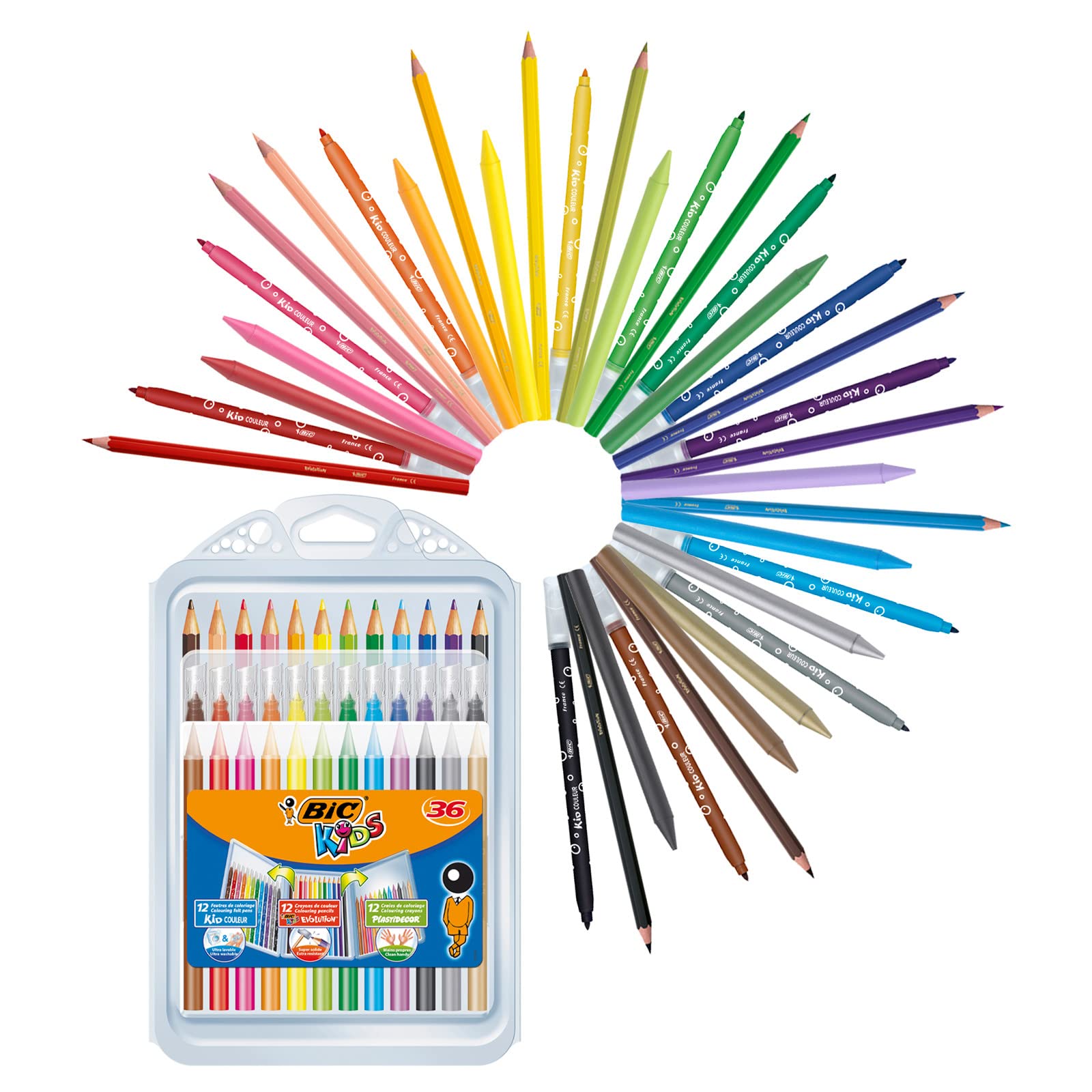 BIC Kids Colouring Kit for Children - 8 Felt-Tip Pens / 8 Coloured Pencils / 12 Chalks/Plastic Case