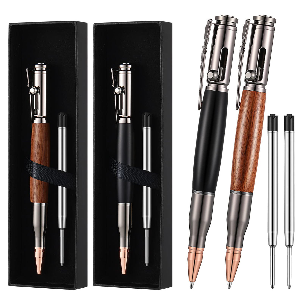 Chinco 2 Sets Bolt Action Bullet Pens with Refills for Men,Black, Brown