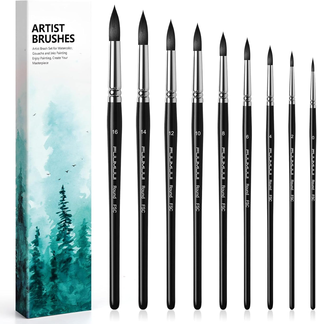 Watercolor Brushes Professional, Fuumuui 9Pcs Synthetic Squirrel Paint Brush Set for Adults Round