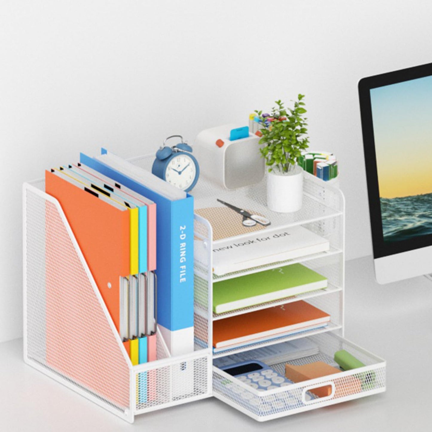 Lavatino Desk Organizer with File Holder, 5-Tier Paper Letter Tray Organizer with Sliding Drawer