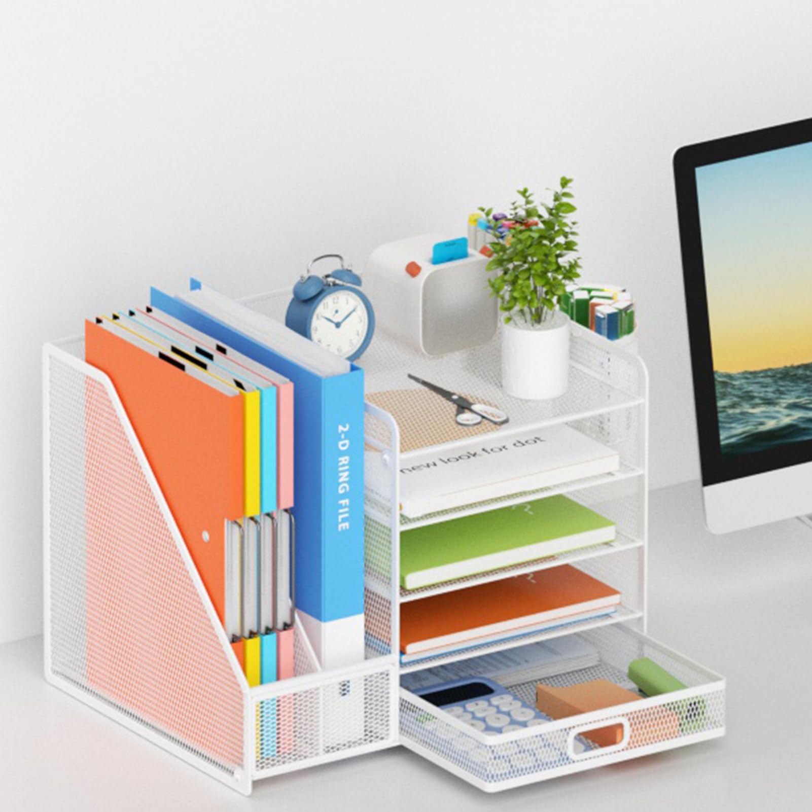 Lavatino Desk Organizer with File Holder, 5-Tier Paper Letter Tray Organizer with Sliding Drawer