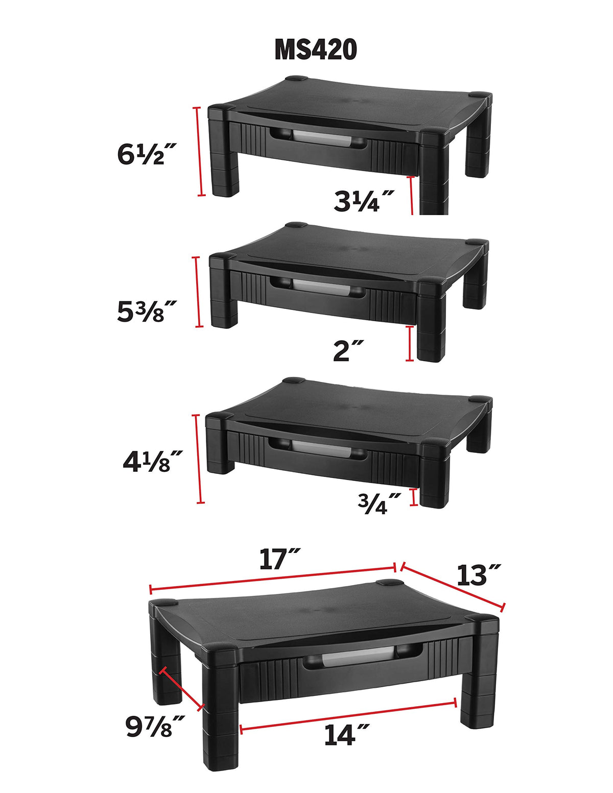 Kantek Monitor Stand With Drawer, 17" X 13.25" X 3" To 6.5", Black, Supports 50 Lbs