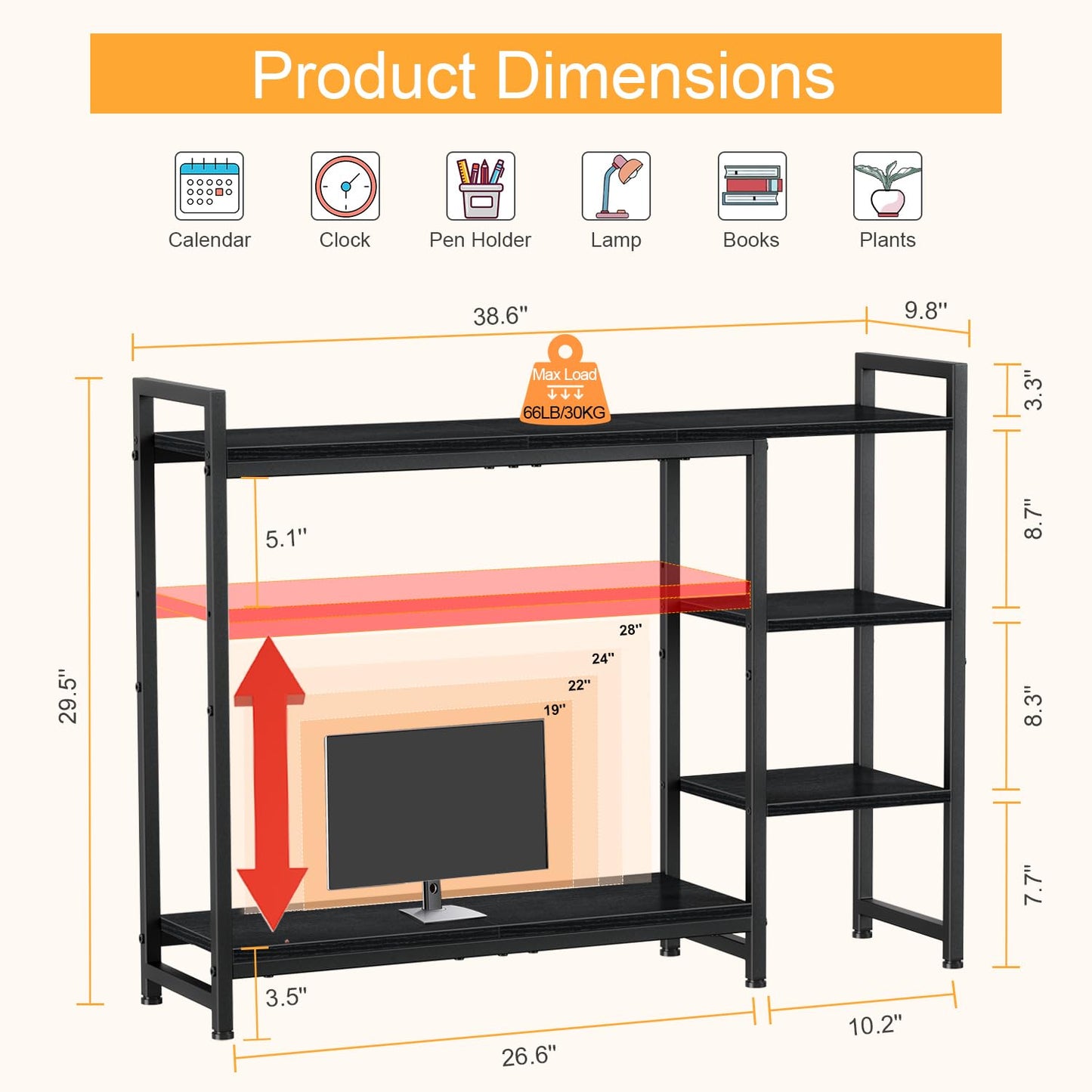 Snughome Adjustable Desk Shelf with Monitor Stand, 38.6" Desktop Organizer Hutch, Height Adjustable