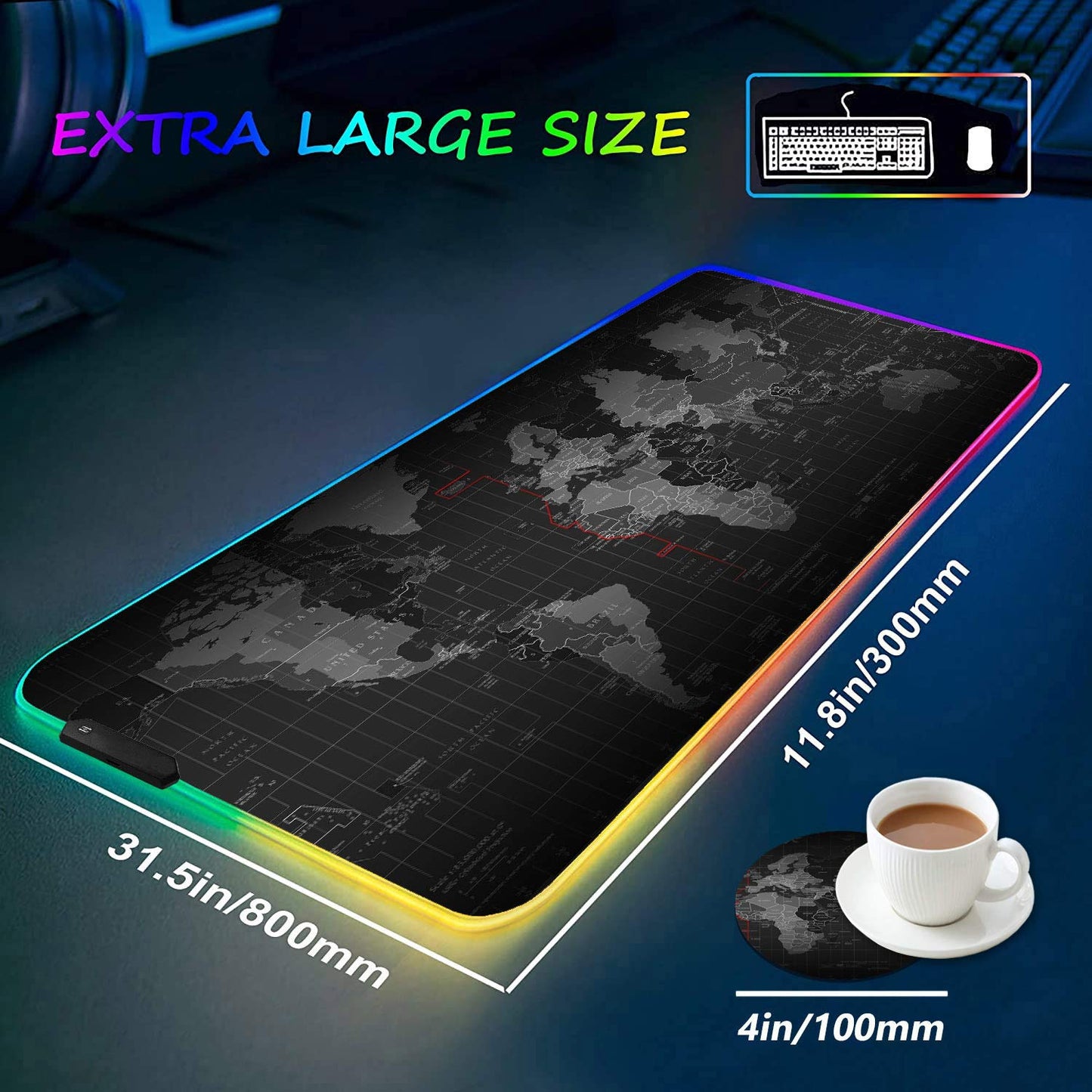 RGB Gaming Mouse Pad with Coffee Coaster, XXL Large Glowing LED Mousepad, Anti-Slip Rubber Base