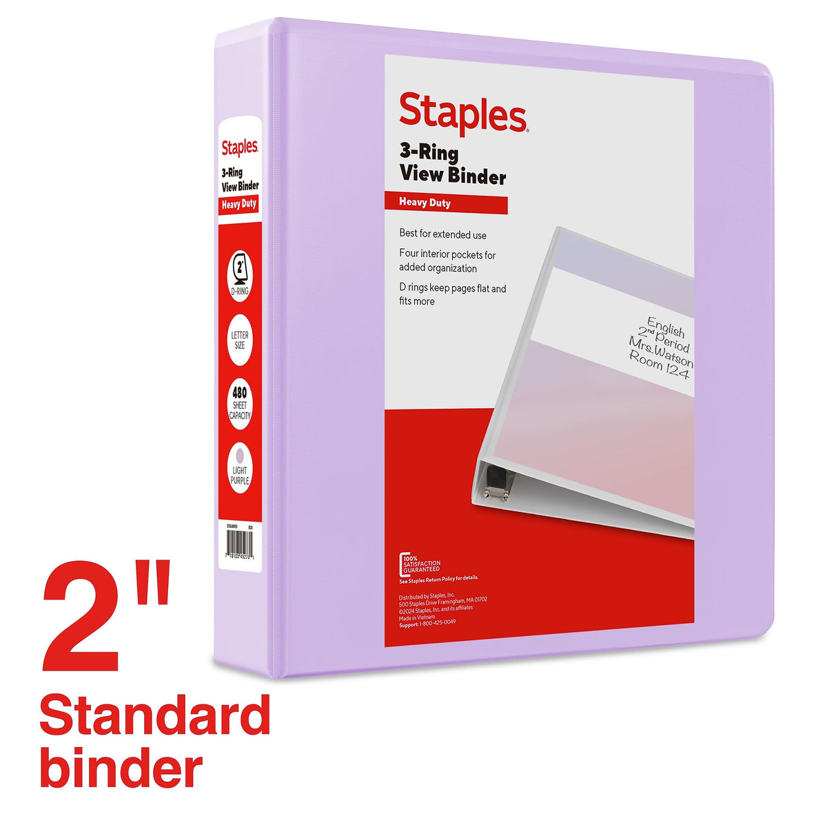 Staples Heavy-Duty 2-Inch 3-Ring View Binder, D-Ring, Light Purple