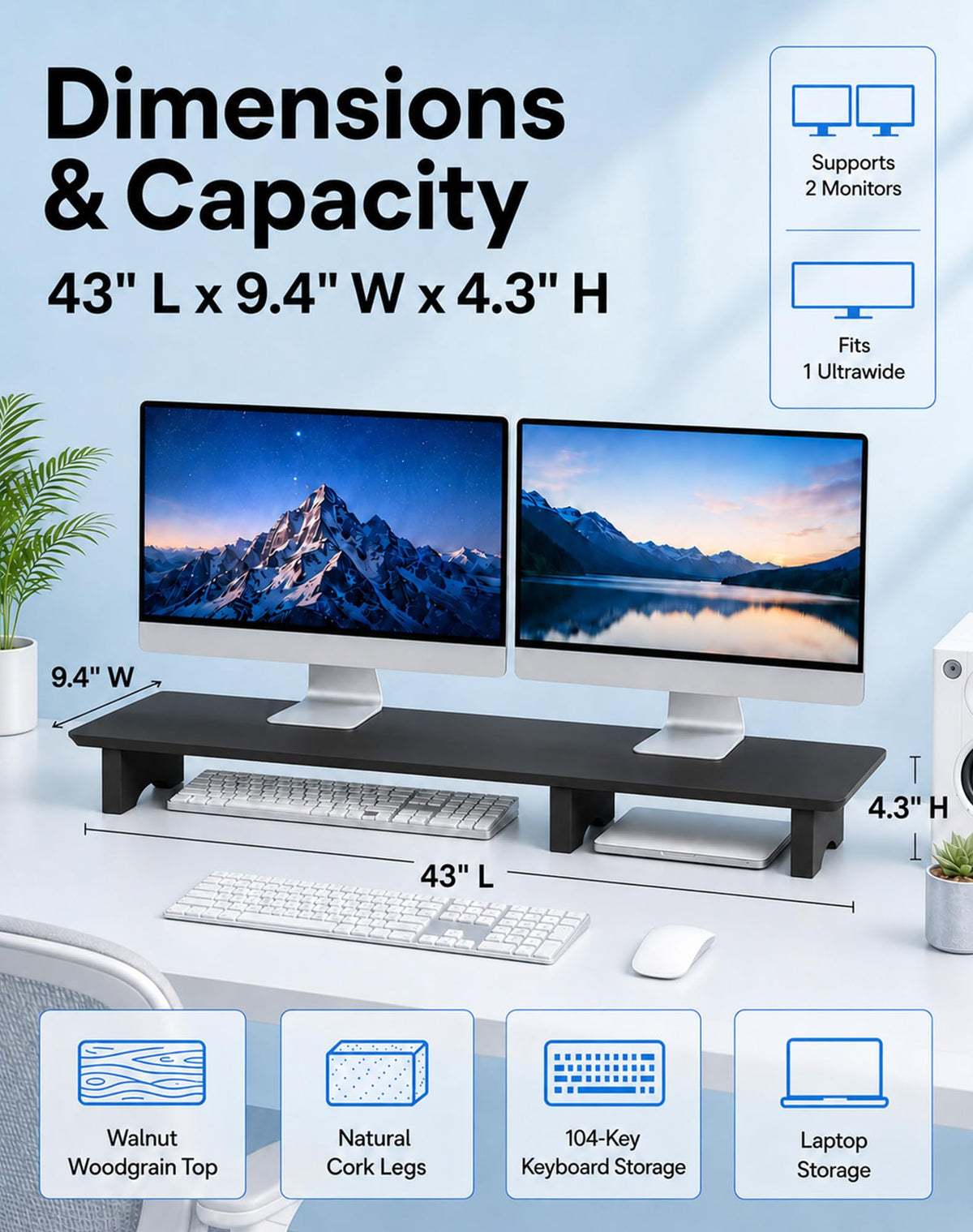 Aothia 43 in Black Solid Wood Dual Monitor Stand, Monitor Riser for Desk