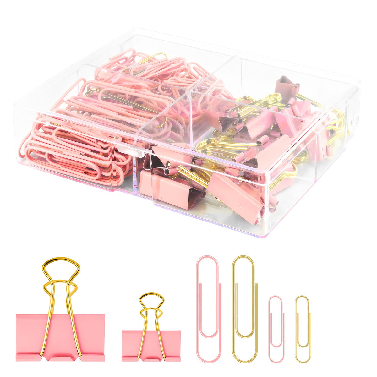 Creechwa Paper Clips and Binder Clips Set, Pink & Gold, Assorted Size Clips
