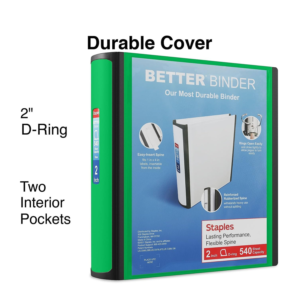 Staples Heavy-Duty 2-Inch D-Ring Binder, Green, Holds 540 Sheets