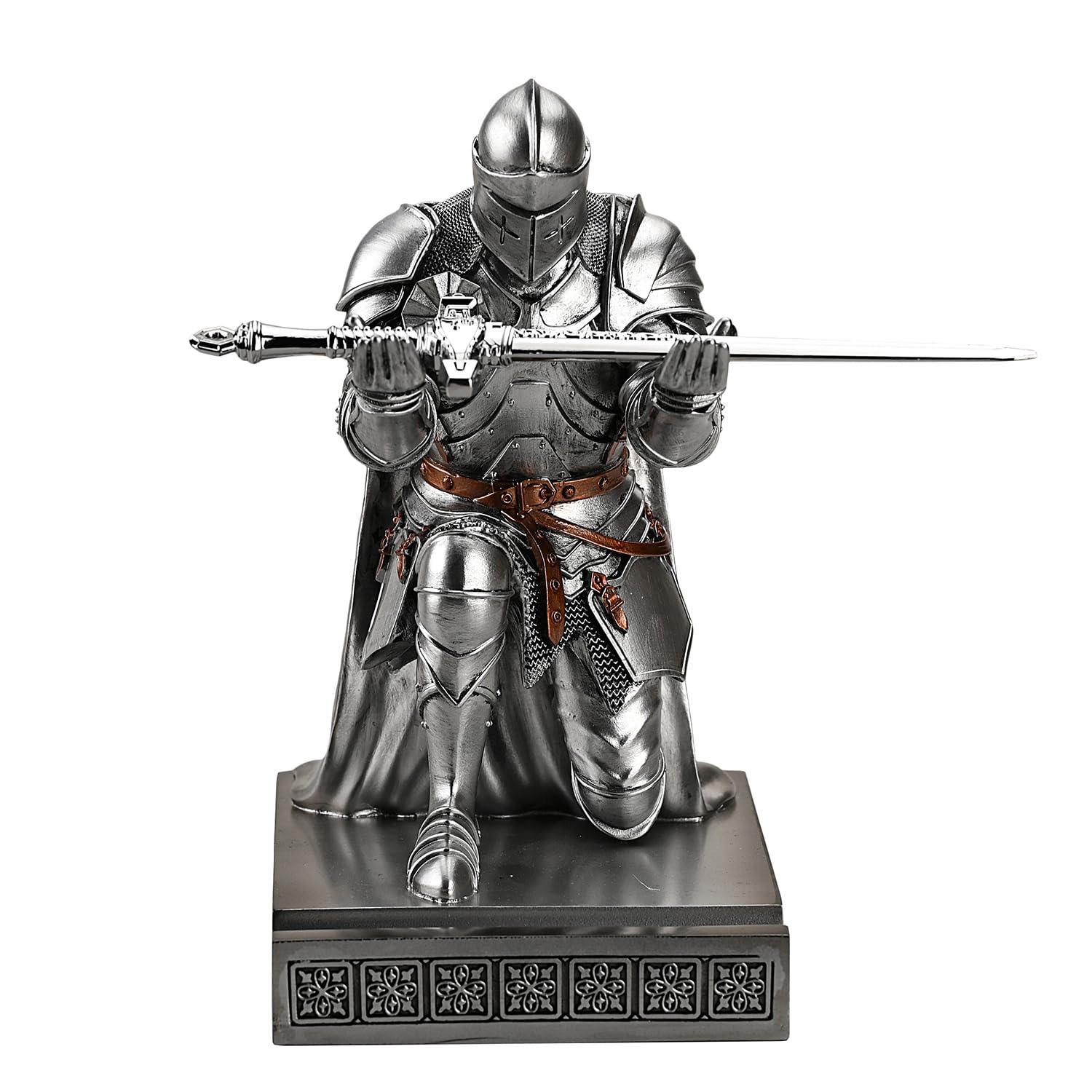 Medieval Armored Knight Pen Holder Figurine Paperweight Phone Stand Silver