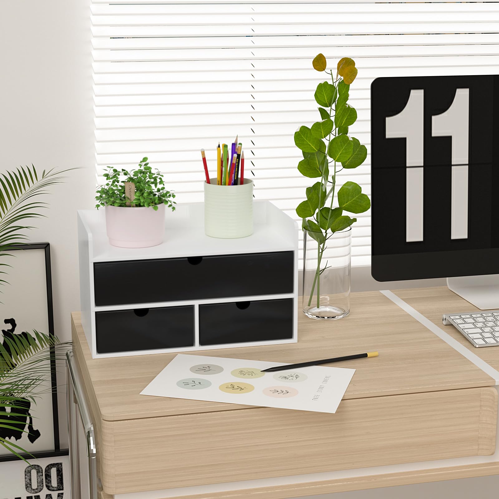 Bamboo Desk Organizer with Drawers, Desktop Storage for Office Supplies