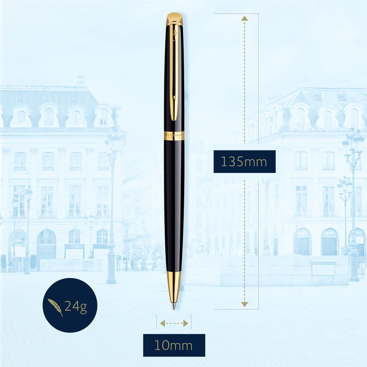 Waterman Hémisphère Ballpoint Pen | Gloss Black with 23k Gold Trim | Medium Point | Blue Ink | Gift