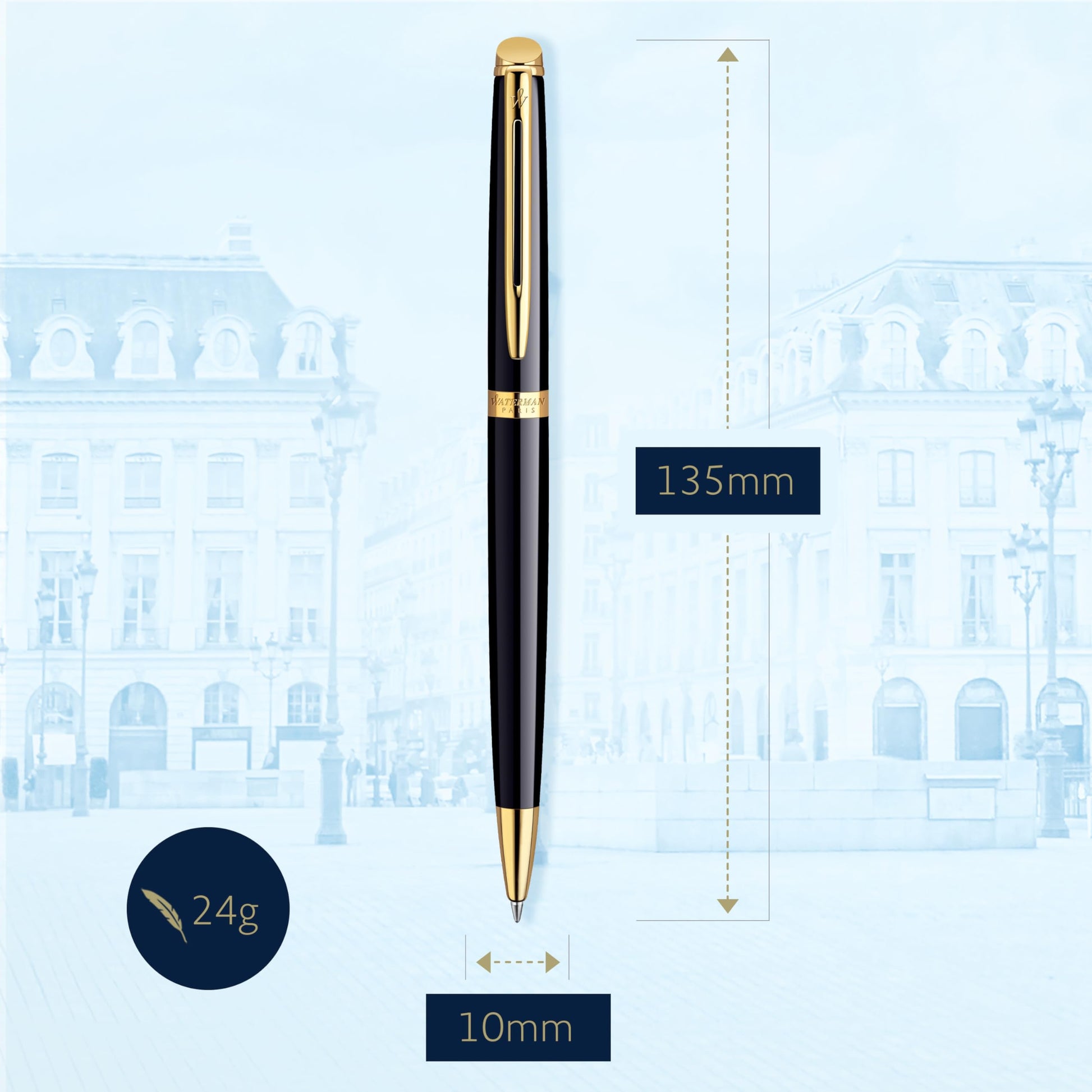 Waterman Hémisphère Ballpoint Pen | Gloss Black with 23k Gold Trim | Medium Point | Blue Ink | Gift