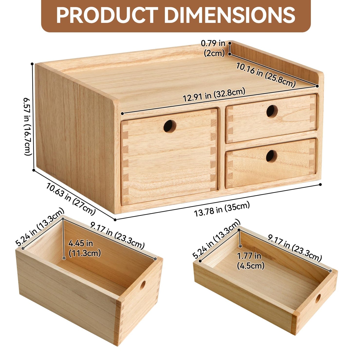 KIRIGEN Wooden Desk Organizer with 3 Drawers and Top Tray Natural DT1D3C-NA