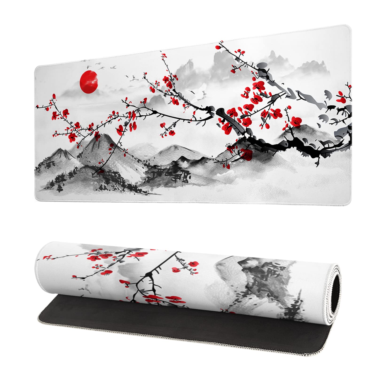 Japanese Cherry Blossom Gaming Mouse Pad 27.6x11.8 Inch Pink Full Desk Sakura Large Non-Slip Rubber