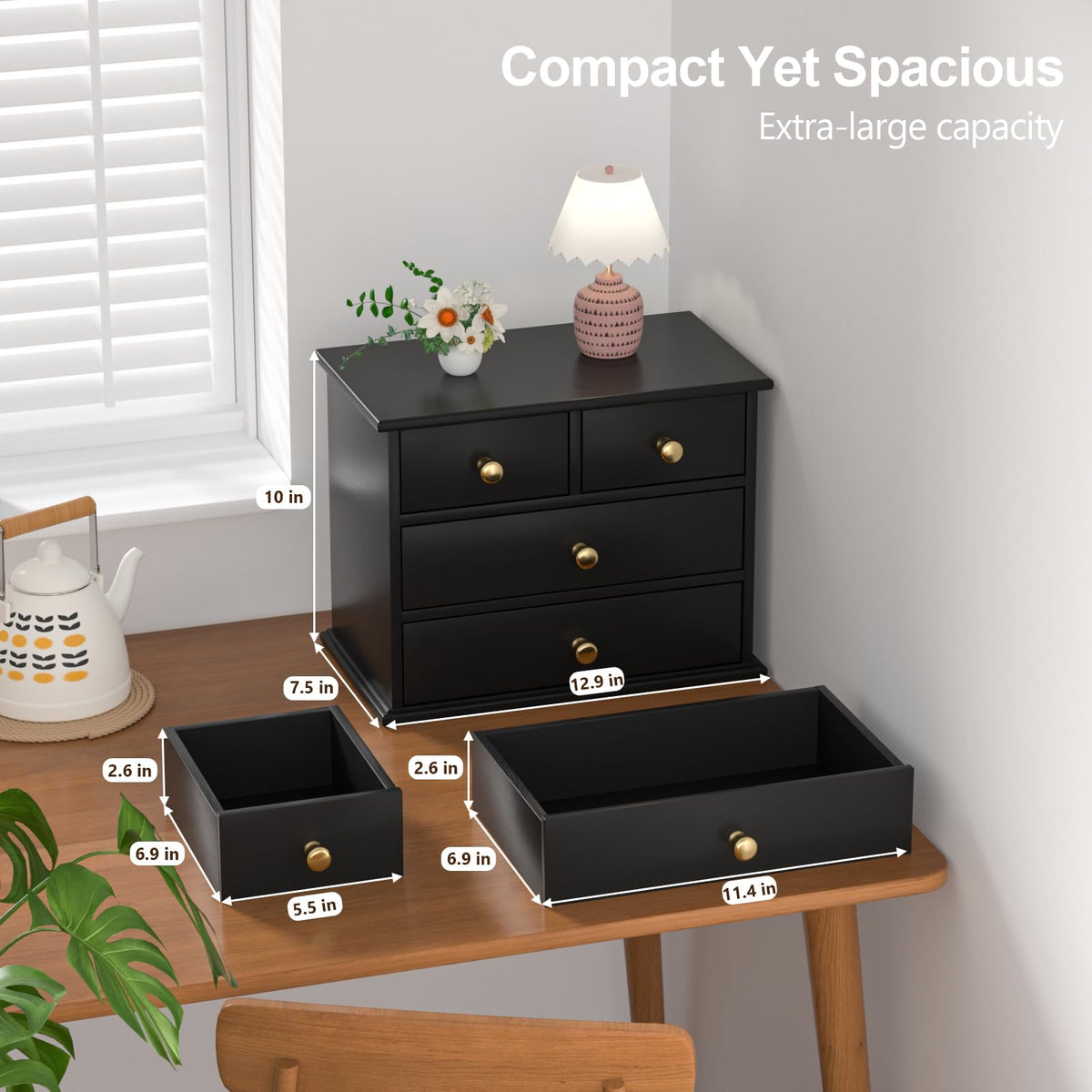 Oak Desk Organizer with Drawers, Durable Wooden Desktop Storage Box