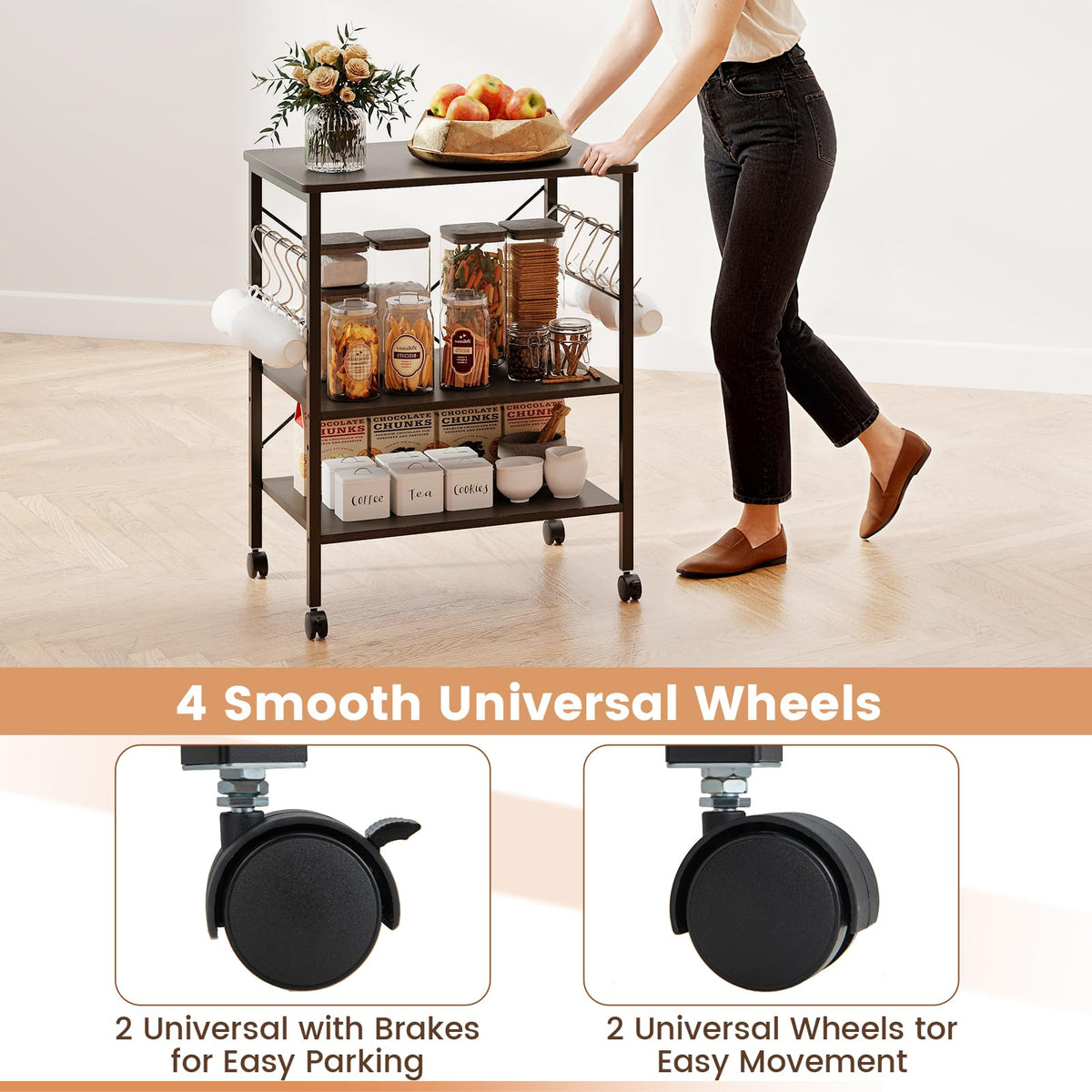 GIANTEX Kitchen Bakers Rack 3-Tier Microwave Cart on Wheels, Industrial Utility Bar Cart with 10