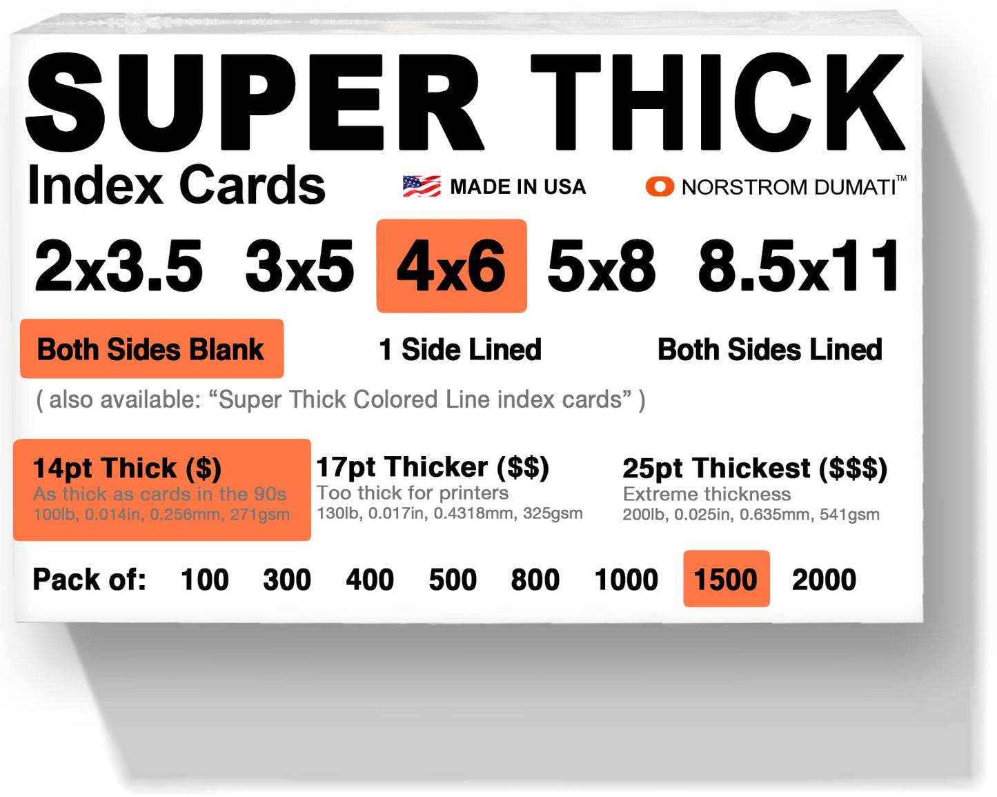 1500 SUPER THICK index cards/ 4"x6" / 14pt (0.014") 100lb / blank un-ruled/archival acid-free in