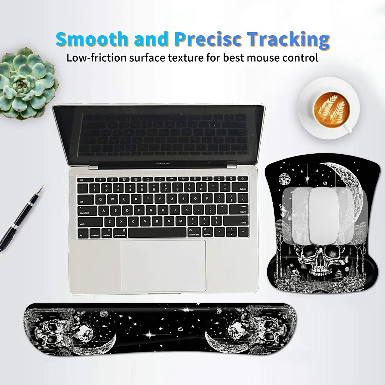 Ergonomic Memory Foam Keyboard Wrist Rest Pad Set, Skull Moon Butterfly