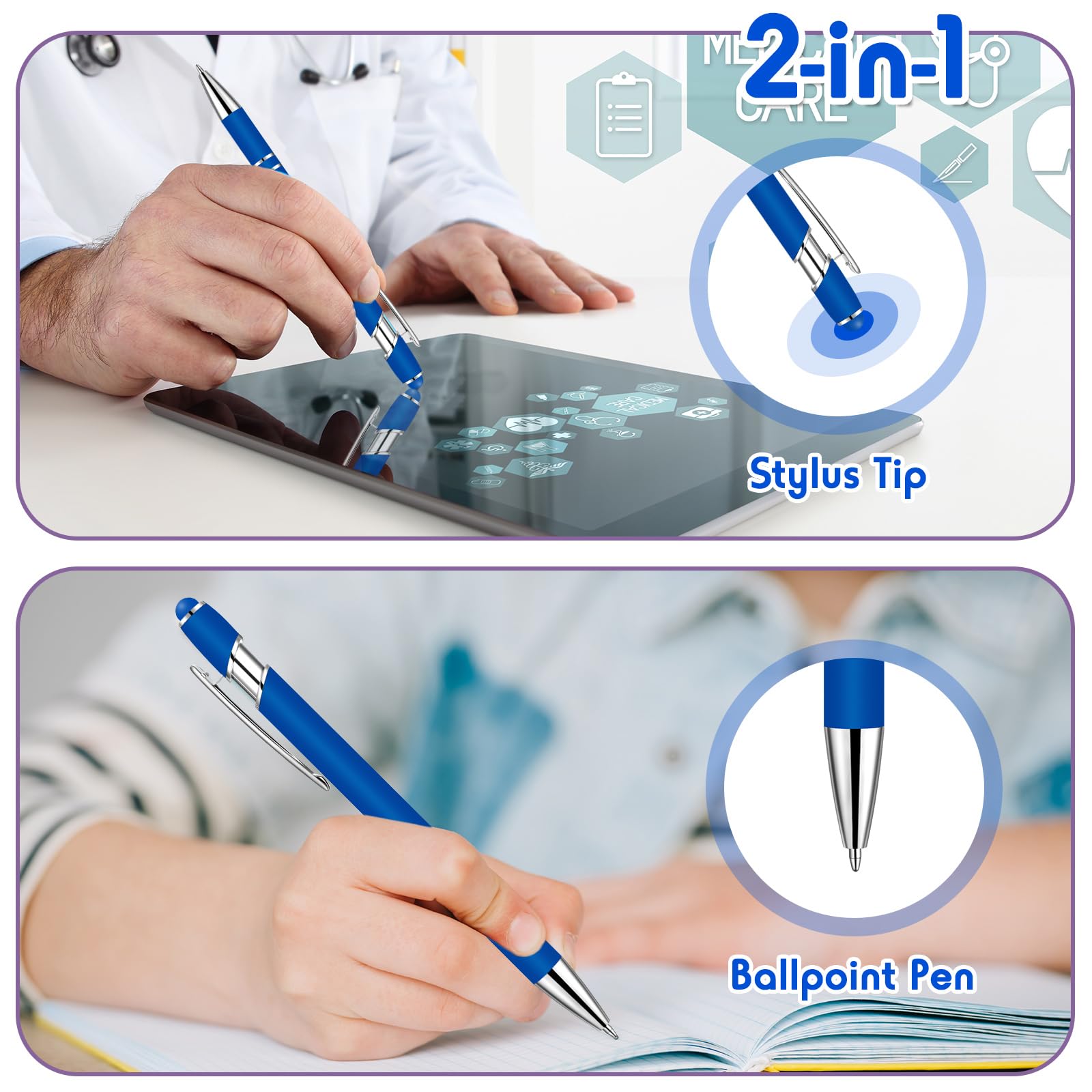 Yeaqee 100 Pieces Ballpoint Pen Bulk with Stylus Tip Click, Royal Blue