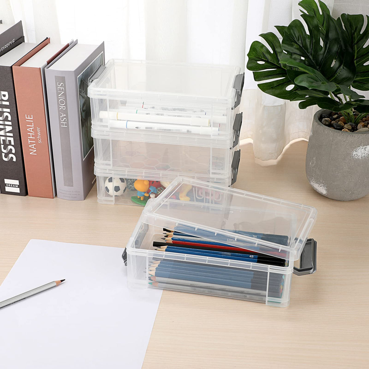 BTSKY 4 Pack Extra Large Plastic Pencil Box Stackable, Translucent, Grey