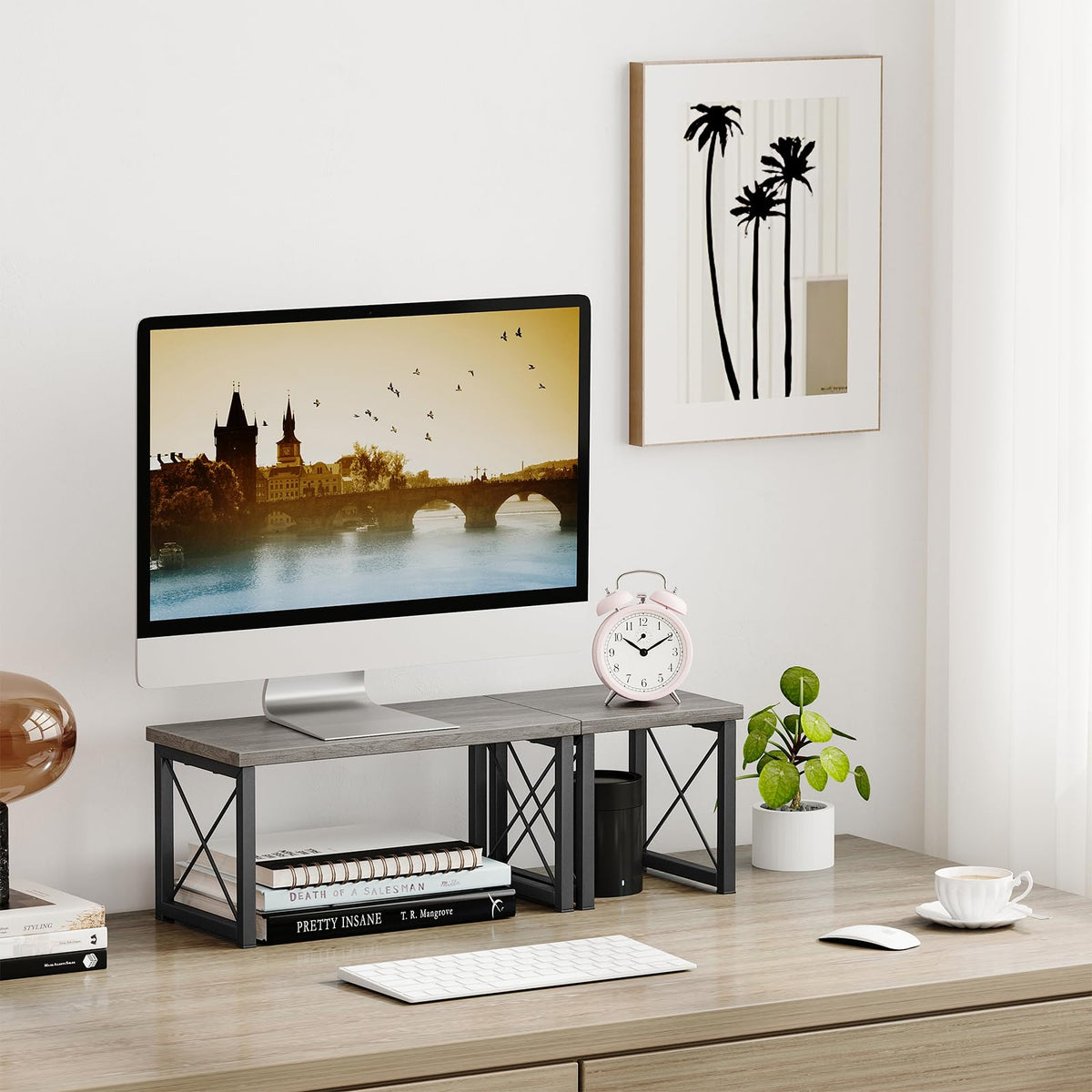 Honiter Desk Shelf for Top of Desk, Wood Desktop Shelf, 2 Tier Adjustable Bookshelf Organizer