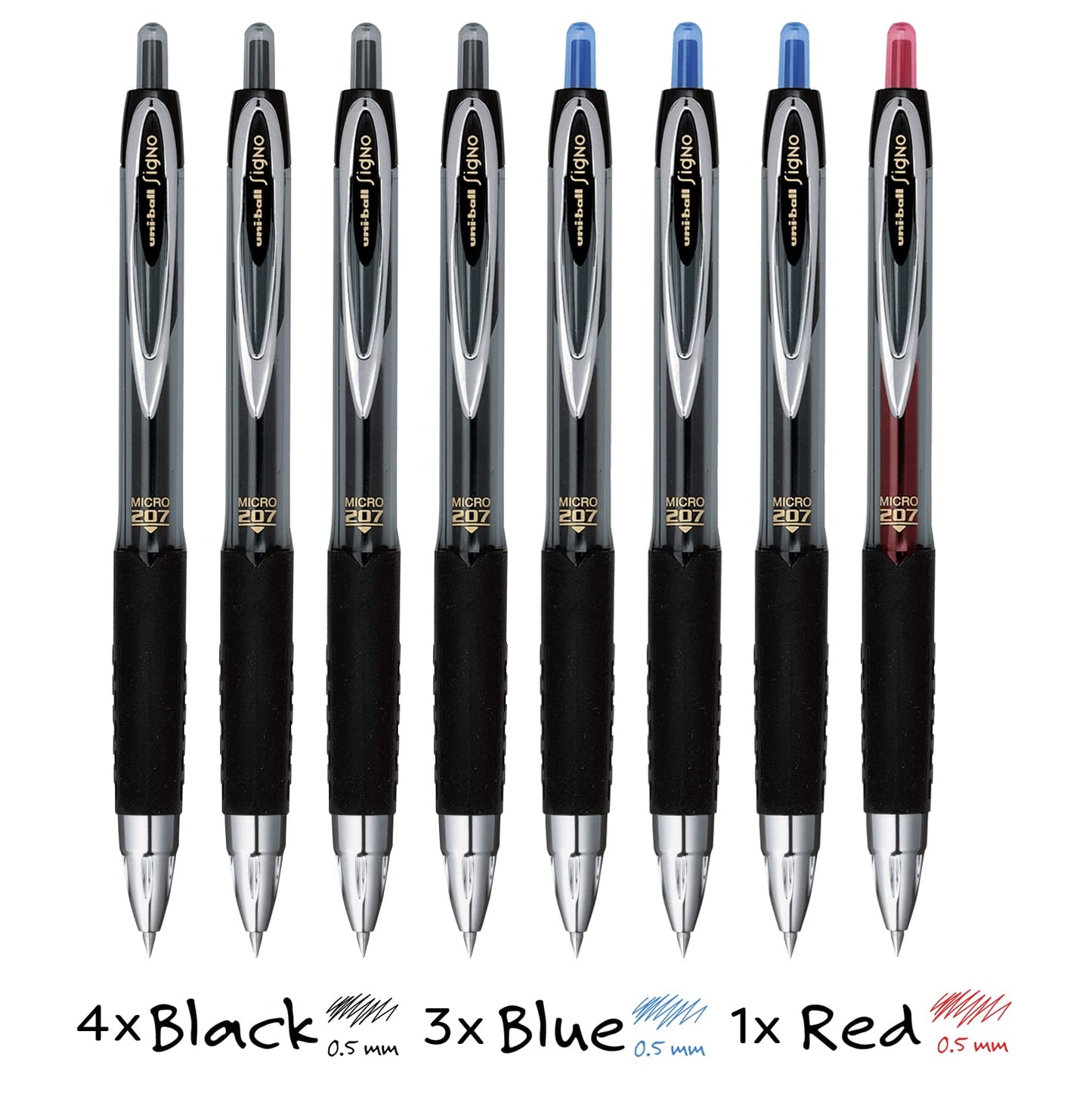 Uni Signo 207 Retractable Gel Pens, Micro 0.5mm, 4 Black, 3 Blue, 1 Red