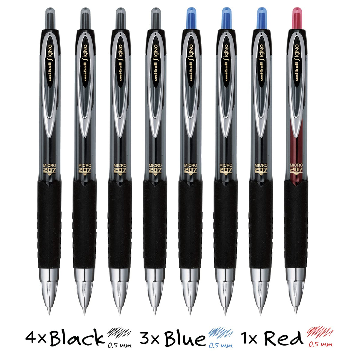 Uni Signo 207 Retractable Gel Pens, Micro 0.5mm, 4 Black, 3 Blue, 1 Red