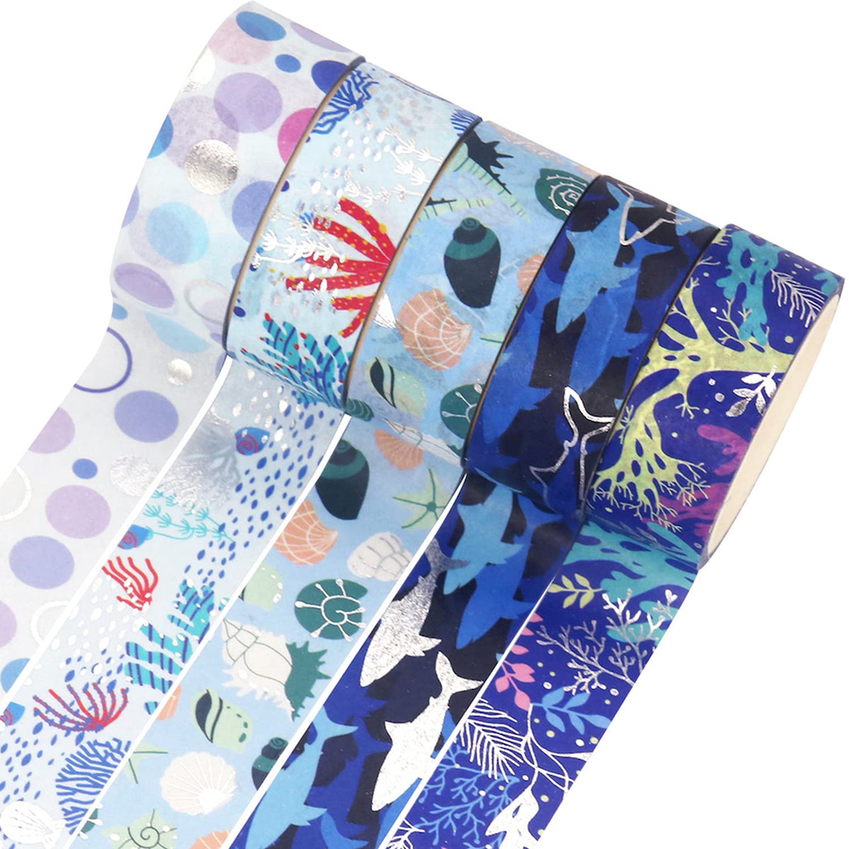 YUBX Ocean Blue Washi Tape Set 10 Rolls Silver Foil Print Decorative Masking Tapes for Arts, DIY