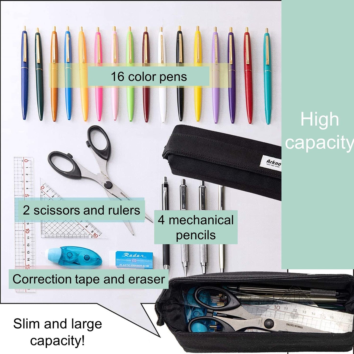SUN-STAR Pen Case Arkno Large Capacity Pencil Holder Portable Pencil Pouch for Office Light Blue