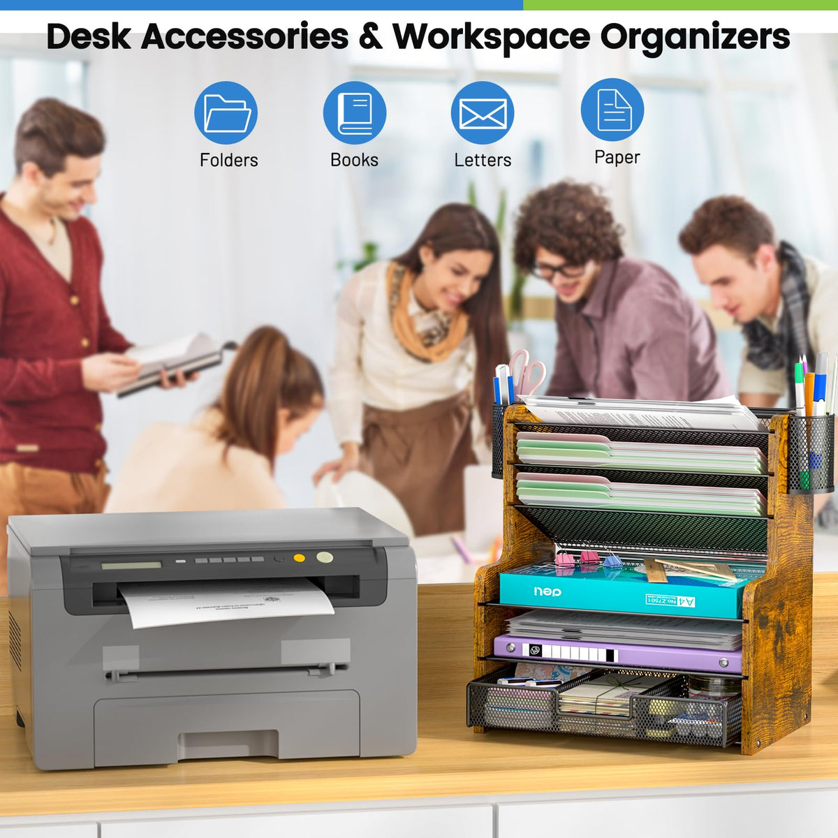 DAOUTIME 6-Tier Mesh Desk Organizer with Drawer, Wooden Office Organizer for Papers, Folders &